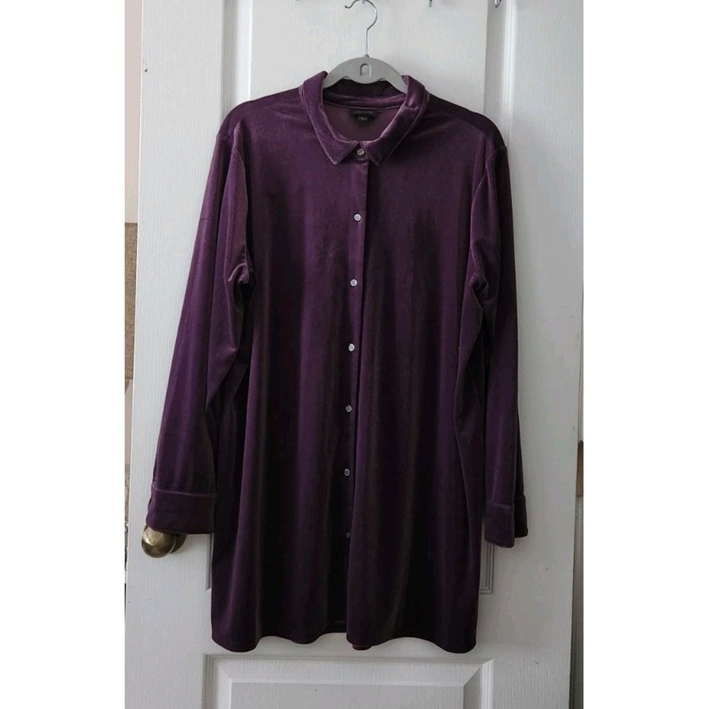 J. JILL Wearever Collection Womens Tunic Blouse Purple Velvet Button Up Size‎ XL